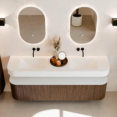 MONDIAZ THOR 180cm badmeubel ronding links + rechts kleur Walnut met 2 lades en 2 deuren. Vrijhangende wastafel CLOUD Dubbel zonder kraangat kleur Talc.