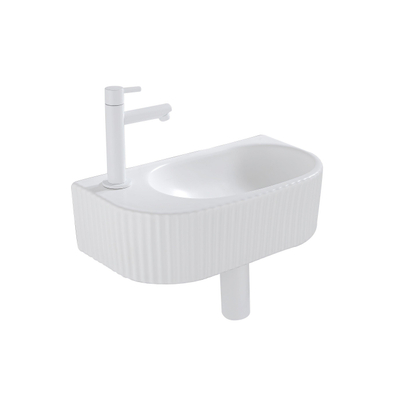 QeramiQ Fuente Ensemble de Lavabo - 40x21.5x12cm - gauche - strié - demi-rond - 1 trou de robinet - céramique - ensemble de robinet blanc mat - bouchon de vidange - siphon abaissé - blanc mat