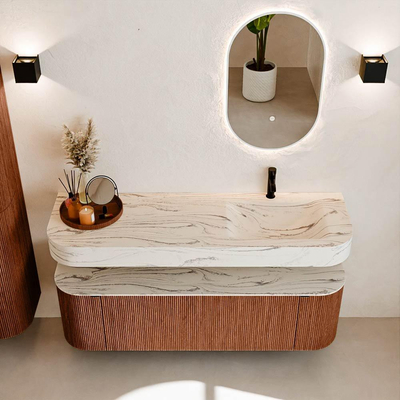 MONDIAZ THOR-DLUX 150cm meuble de salle de bains arrondi gauche + droite couleur Ruby avec 1 tiroir et 2 portes. Vasque suspendue CLOUD Droite 1 trou de robinet couleur Nata.