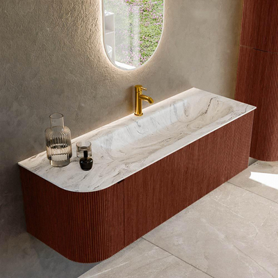 Mondiaz KURVE-DLUX Ensemble de meuble de salle de bains - 135x46x40cm - 1 tiroir - 1 porte - lavabo solid surface - droite - 1 trou de robinet - Ruby