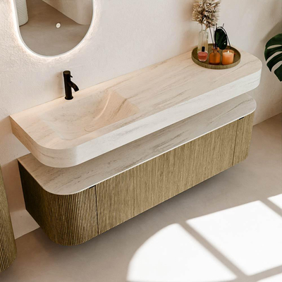 MONDIAZ THOR-DLUX 160cm meuble de salle de bains arrondi gauche + droite couleur Dusk avec 1 tiroir et 2 portes. Vasque suspendue CLOUD Gauche 1 trou de robinet couleur Meli.