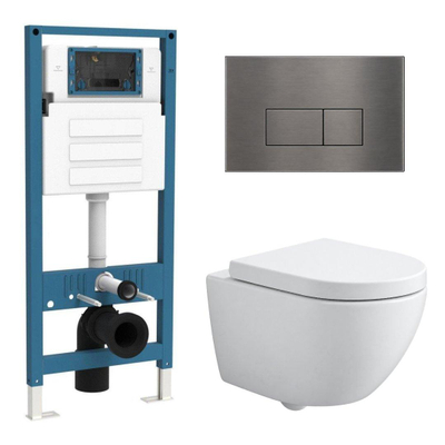 QeramiQ Dely Swirl Compact Toiletset - inbouwreservoir QeramiQ flush - 25mm zitting - metalen bedieningsplaat gunmetal - rechthoekige knoppen - mat wit