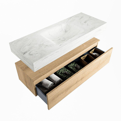 Mondiaz ALAN-DLUX Ensemble de meuble - 120cm - meuble Washed Oak mat - 1 tiroir - Lavabo Cloud Opalo suspendu - vasque Centre - 0 trous de robinet