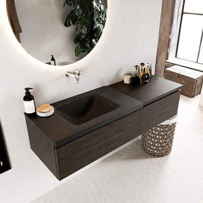 MONDIAZ BUKLA Meuble de salle de bains 140 cm avec module 60 couleur Dark Brown avec 2 tiroirs. Lavabo CLOUD gauche 0 trou de robinet couleur Urban.