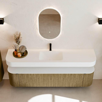 MONDIAZ THOR Meuble de salle de bains 190cm arrondi gauche + droite couleur Dusk avec 2 tiroirs et 2 portes. Vasque suspendue CLOUD Milieu 1 trou de robinet couleur Talc.