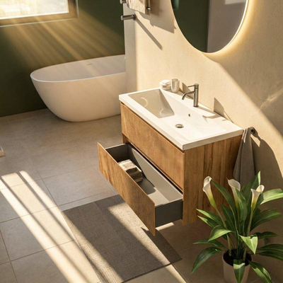 Saniclass Holz Atelier Ensemble de meubles de salle de bains - 100x45x63.5cm - Lavabo Bari en céramique blanc - 1 vasque - 1 trou de robinet - 2 tiroirs - chêne natural mat (bois)