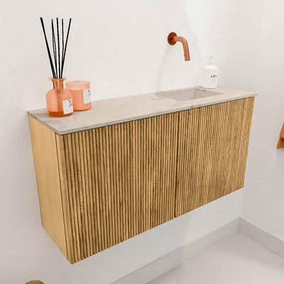 Mondiaz JOYA-DLUX 80cm toiletmeubel - kleur Oak - Wastafel FAYE positie Rechts Zonder kraangat kleur Frappe.