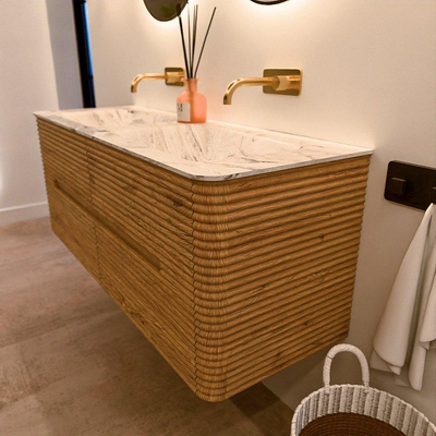 Mondiaz CIRO-DLUX Badkamermeubelset - 130x45x50cm - Solid surface wastafel Glace - 2 wasbak Dubbel - zonder kraangaten - 4 lades - Oak