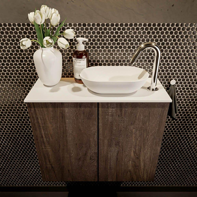 Mondiaz Fowy Toiletmeubel - 60x50x23cm - dark brown mat - 1 kraangat - wasbak rechts - 2 deuren - solid surface - blad Melamine - wasbak: wit