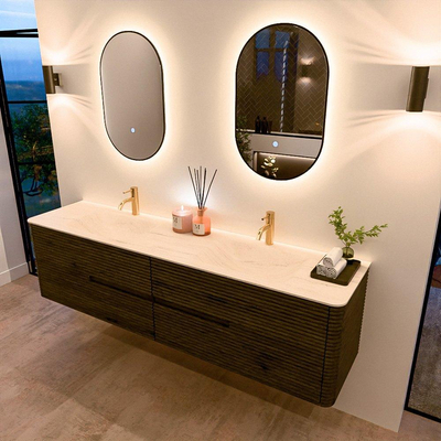 Mondiaz CIRO-DLUX Badkamermeubelset - 190x45x50cm - Solid surface wastafel Meli - 2 wasbak Dubbel - 2 kraangaten - 4 lades - Shadow