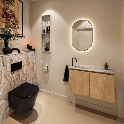 MONDIAZ TURE-DLUX Meuble toilette - 80cm - Washed Oak - EDEN - vasque Glace - position gauche - 1 trou de robinet
