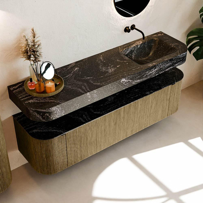 MONDIAZ THOR-DLUX 170cm badmeubel ronding links + rechts kleur Dusk met 1 lade en 2 deuren. Vrijhangende wastafel CLOUD Rechts zonder kraangat kleur Lava.