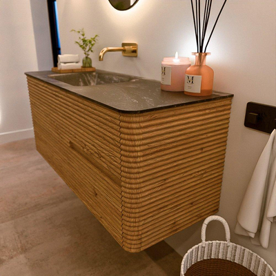 Mondiaz CIRO-DLUX Meuble de salle de bains - 120x45x50cm - lavabo solid surface Lava - 1 vasque à gauche - sans trous de robinet - 2 tiroirs - Chêne