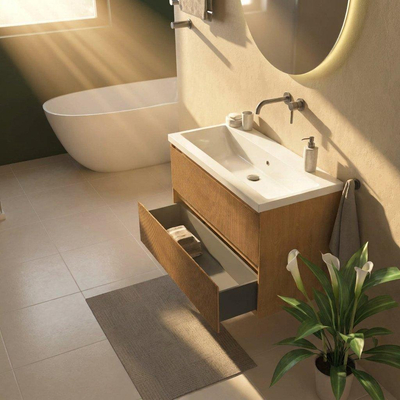 Saniclass Holz Atelier Ensemble meuble de salle de bains - 100x45x63.5cm - lavabo Bari en céramique blanc - 1 vasque - sans trou de robinetterie - 2 tiroirs - chêne natural mat (bois)