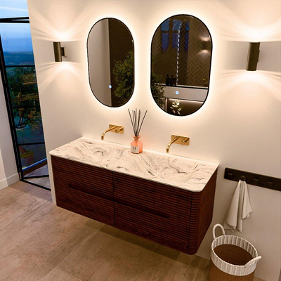 Mondiaz CIRO-DLUX Badkamermeubelset - 130x45x50cm - Solid surface wastafel Glace - 2 wasbak Dubbel - zonder kraangaten - 4 lades - Ruby