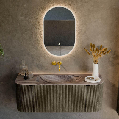 MONDIAZ KURVE-DLUX Meuble de salle de bains 120cm arrondi gauche + droite couleur Shadow avec 1 tiroir et 2 portes. Plan-vasque BIG SMALL central sans trou de robinet Sombra.