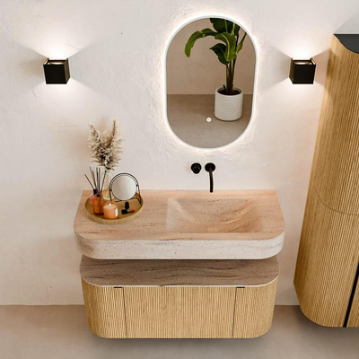 MONDIAZ THOR-DLUX 110cm meuble de salle de bains arrondi gauche + droite couleur Oak avec 1 tiroir et 2 portes. Vasque suspendue CLOUD Droite sans trou de robinet couleur Saba.