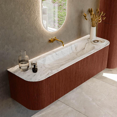 Mondiaz KURVE-DLUX Ensemble de meuble salle de bain - 160x46x40cm - 1 tiroir - 2 portes - lavabo en solid surface - milieu - sans trou de robinet - Ruby