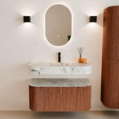 MONDIAZ THOR-DLUX 100cm meuble de salle de bains arrondi gauche + droite couleur Ruby avec 1 tiroir et 2 portes. Vasque suspendue CLOUD Milieu 1 trou de robinet couleur Glace.