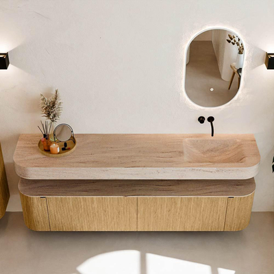 MONDIAZ THOR-DLUX Meuble de salle de bains - 200cm - arrondi gauche + droite - couleur Oak - 2 tiroirs et 2 portes - Vasque suspendue CLOUD Droite sans trou de robinet - couleur Saba