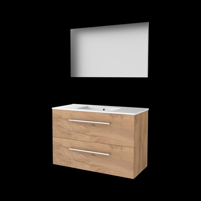 Basic-Line Basic 46 ensemble de meubles de salle de bain 100x46cm avec poignées 2 tiroirs lavabo en porcelaine 1 trou pour robinet miroir mfc whisky oak