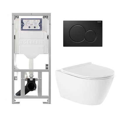 QeramiQ Salina Pack WC - sans bride - à fond creux - abattant à fermeture douce - abattant à déclipsage rapide - plaque de déclenchement Geberit Sigma01 noir mat - blanc