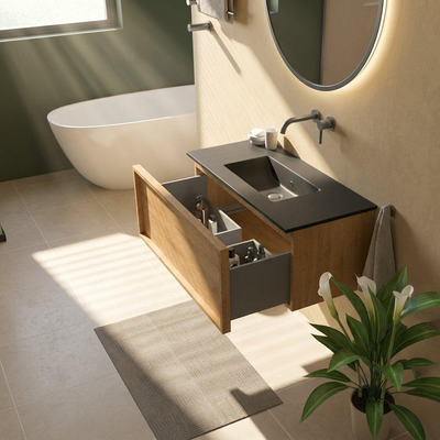 Saniclass Holz Frame Ensemble de meubles de salle de bains - 100x45x42cm - lavabo Vygo en céramique noir - 1 vasque - sans trou de robinet - 1 tiroir - chêne natural mat (bois)