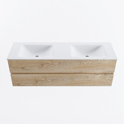 MONDIAZ VICA meuble sous lavabo 150cm Chêne blanchi 2 tiroirs. Lavabo CLOUD double 2 trous de robinet, couleur Talc.