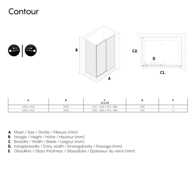 Sealskin Contour schuifdeur met zijwand 120x90 cm, 200 cm hoog, zwart, 6 mm helder veiligheidsglas