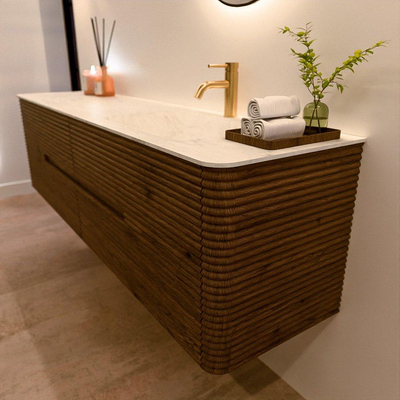 Mondiaz CIRO-DLUX Badkamermeubelset - 180x45x50cm - Solid surface wastafel Opalo - 1 wasbak Rechts - 1 kraangat - 4 lades - Dusk