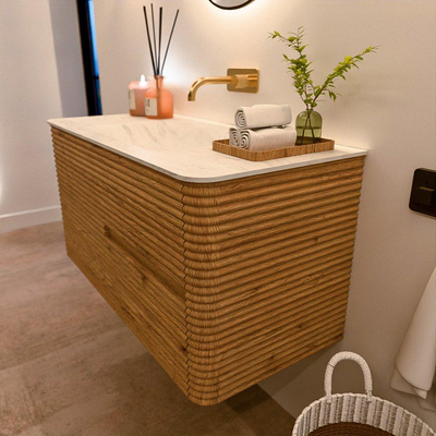 Mondiaz CIRO-DLUX Badkamermeubelset - 100x45x50cm - Solid surface wastafel Opalo - 1 wasbak Midden - zonder kraangaten - 2 lades - Oak