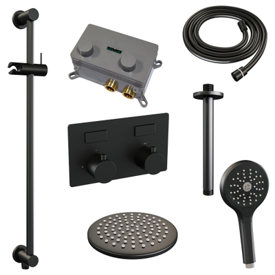 BRAUER Black Edition Douche de tête thermostatique encastrée - boutons-poussoirs - SET 71 - douche de tête 20 cm - bras de plafond - douchette 3 jets - flexible de douche - barre de douche intégrée - noir mat