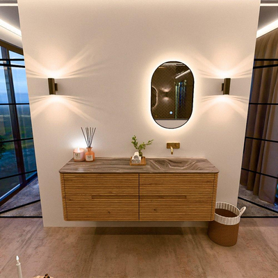 Mondiaz CIRO-DLUX Ensemble de meubles de salle de bains - 150x45x50cm - Plan vasque en solid surface Sombra - 1 bassin à droite - sans trous de robinet - 4 tiroirs - Chêne