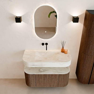 MONDIAZ THOR-DLUX 100cm meuble de salle de bains arrondi gauche + droite couleur Walnut avec 1 tiroir et 2 portes. Vasque suspendue CLOUD Centre sans trou de robinet couleur Ostra.