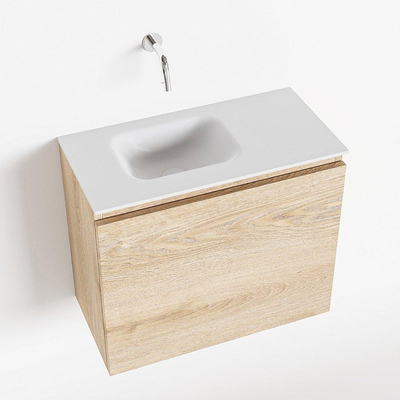 Mondiaz OLAN Meuble lave-mains 60x30x40cm sans trous de robinet 1 tiroir Washed oak mat avec lavabo LEX Gauche Solid Surface Blanc