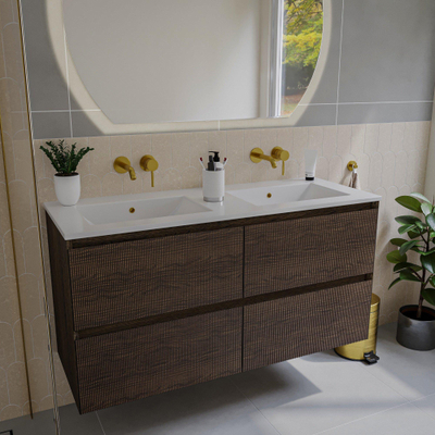 Saniclass Holz Atelier Meuble de salle de bain - 120x45x60cm - lavabo en céramique blanc - 2 vasques - sans trous de robinet - 2 tiroirs - Charcoal