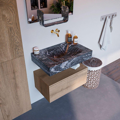 Mondiaz ALAN-DLUX Ensemble de meuble - 70cm - meuble Washed Oak mat - 1 tiroir - Lavabo Cloud Lava suspendu - vasque Centre - 0 trous de robinet