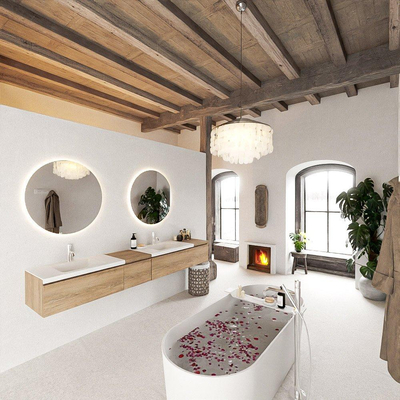 MONDIAZ BUKLA 240cm ensemble de meuble avec module 40 gauche couleur Chêne blanchi avec 4 tiroirs. Lavabo CLOUD double 2 trous de robinet couleur Talc.