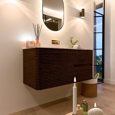 Mondiaz CIRO-DLUX Badkamermeubelset - 110x45x50cm - Solid surface wastafel Glace - 1 wasbak Midden - zonder kraangaten - 2 lades - Walnut