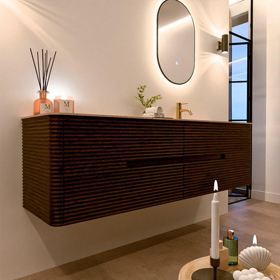Mondiaz CIRO-DLUX Badkamermeubelset - 170x45x50cm - Solid surface wastafel Saba - 1 wasbak Rechts - 1 kraangat - 4 lades - Walnut
