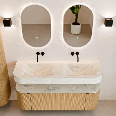 MONDIAZ THOR-DLUX 140cm badmeubel ronding links + rechts kleur Oak met 1 lade en 2 deuren. Vrijhangende wastafel CLOUD Dubbel zonder kraangat kleur Ostra.