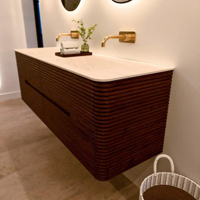 Mondiaz CIRO-DLUX Badkamermeubelset - 150x45x50cm - Solid surface wastafel Meli - 2 wasbak Dubbel - zonder kraangaten - 4 lades - Ruby