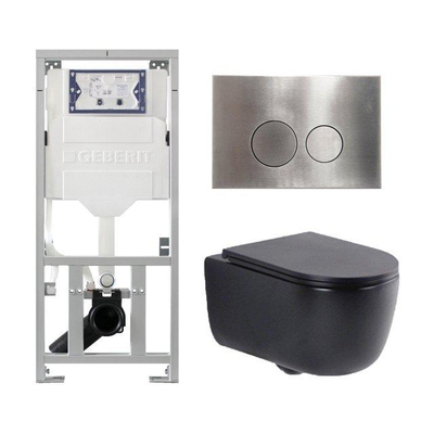 QeramiQ Dely Swirl Ensemble WC - 36.3x51.7cm - Réservoir encastré Geberit UP320 - abattant fin - Plaque de commande en inox - Boutons ronds - Noir mat