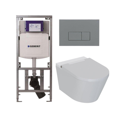 QeramiQ Luma Douche WC Set - Geberit UP320 inbouwreservoir - met Burda frame - fohn - ladydouche - bedieningsplaat licht grijs - rechthoekige knoppen - glans wit