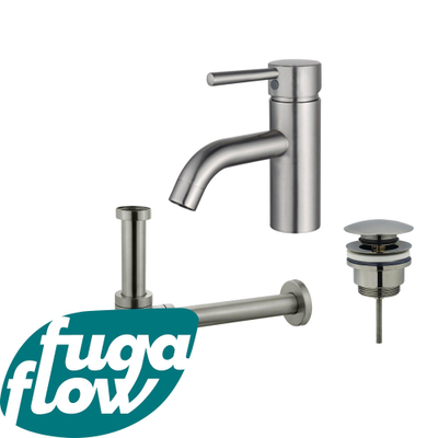 FugaFlow Eccelente Sobrado Badkamer Wastafelkraanset - lage wastafelkraan - klikwaste plug - design sifon - PVD Geborsteld RVS