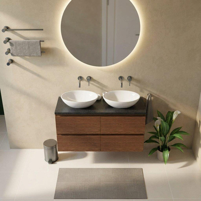 Saniclass Holz Pure Ensemble de meuble de salle de bains - 120x45x63cm - lavabo en basalte Noche poli - 1 vasque - sans trou de robinet - 4 tiroirs - walnut pure mat (bois)