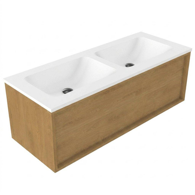 Saniclass Holz Frame Ensemble de meubles de salle de bains - 120x45x57.5cm - vasque Torino en solid surface blanche - sans trou de robinet - 1 tiroir - chêne natural mat (bois)