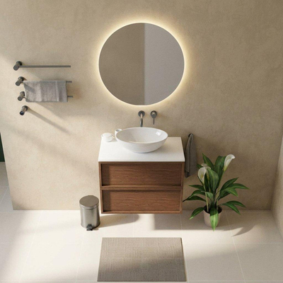 Saniclass Holz Frame Ensemble de meubles de salle de bains - 80x45x62.5cm - Plan de toilette Torino en solid surface blanc - sans trou de robinetterie - 2 tiroirs - walnut pure mat (bois)