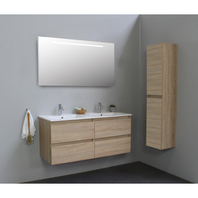 Basic Bella Meuble salle de bains avec lavabo céramique avec miroir et éclairage Blanc 120x55x46cm 2 trous de robinet Chêne