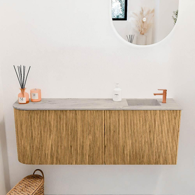 Mondiaz JOYA-DLUX 111.6cm toiletmeubel - ronding links kleur Oak - Wastafel FAYE positie Rechts 1 kraangat kleur Glace.
